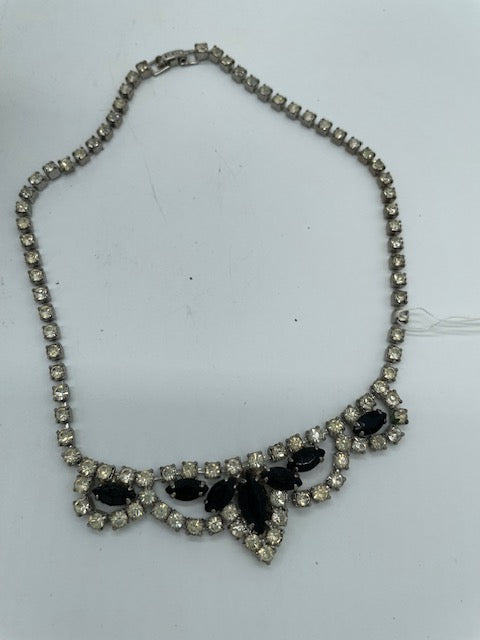Vintage Faux Diamond/Black Stone Necklace w/ Clip Earrings (Item 0337)