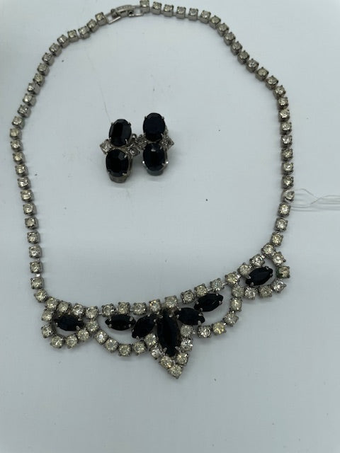 Vintage Faux Diamond/Black Stone Necklace w/ Clip Earrings (Item 0337)