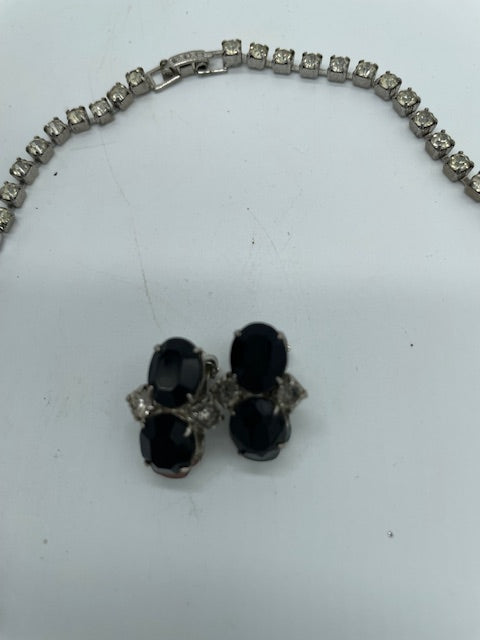 Vintage Faux Diamond/Black Stone Necklace w/ Clip Earrings (Item 0337)