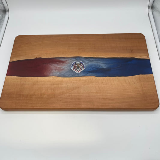 Cherry Wood Charcuterie Board featuring red and blue resin with an eagle design inset  (Item Number 0133)